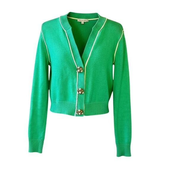 CAbi Wallis Kelly Green Cropped Cardigan Pearl Rhinestone Buttons Small - Picture 1 of 6